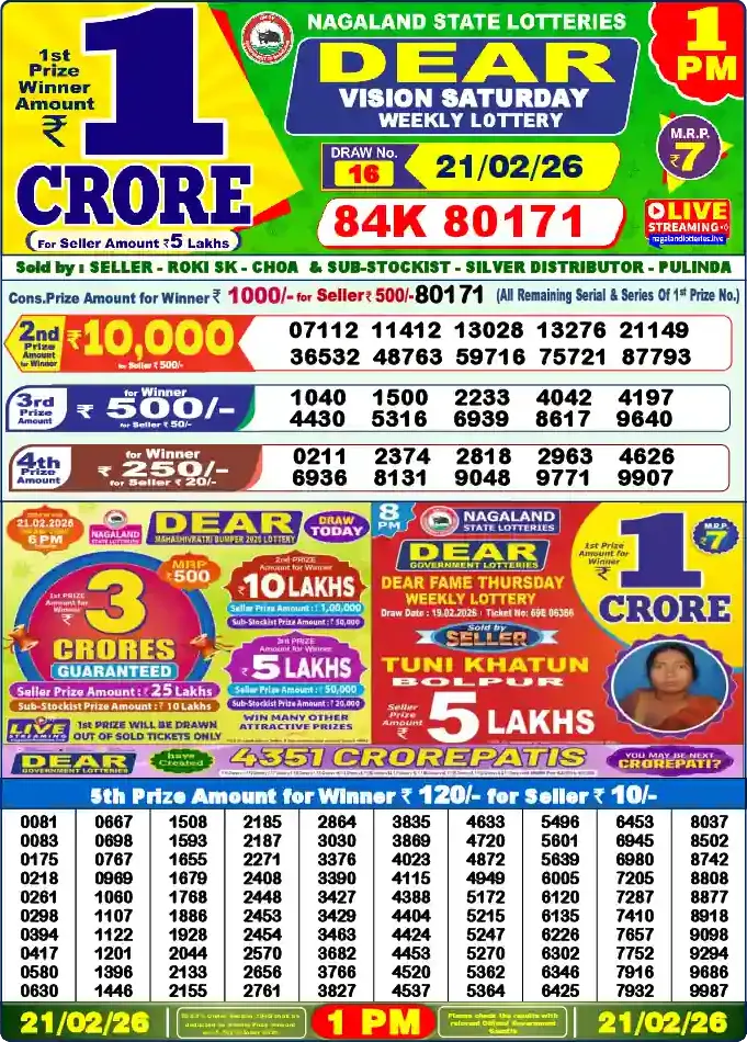 Lottery Sambad 1 PM result 21 Feb 2026