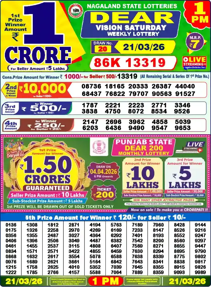 Lottery Sambad 1 PM result 21 Mar 2026
