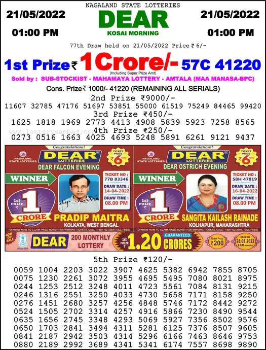 Lottery Sambad 1 PM result 21 May 2022