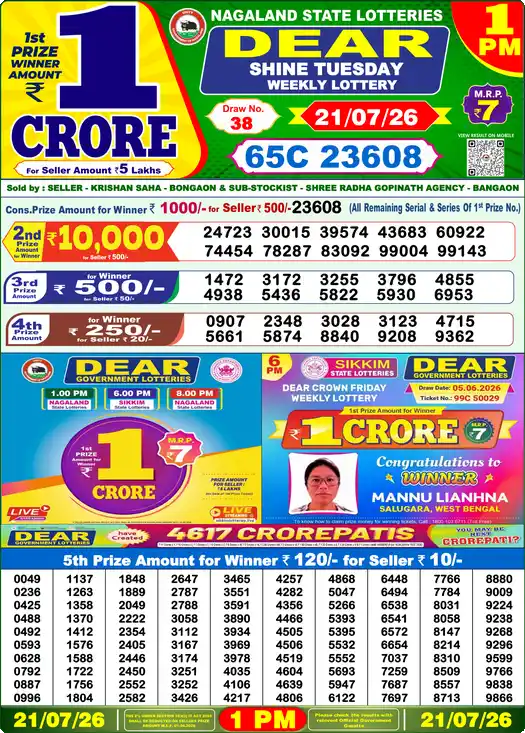 Lottery Sambad 1 PM result 21 Jul 2026