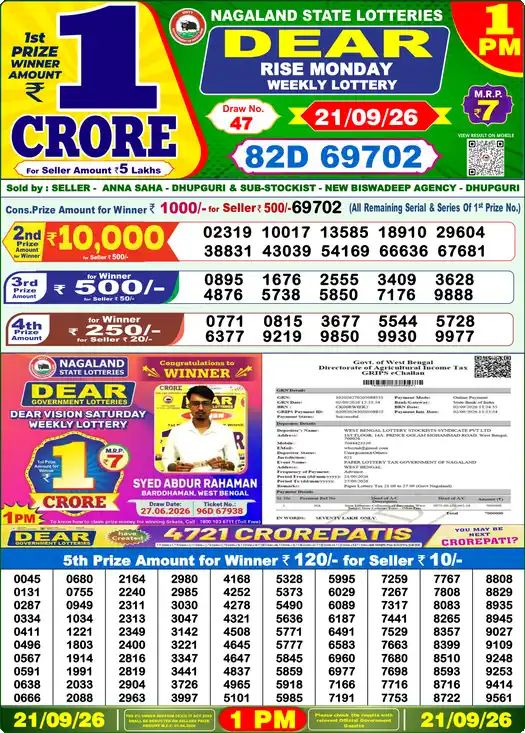 Lottery Sambad 1 PM result 21 Sep 2026