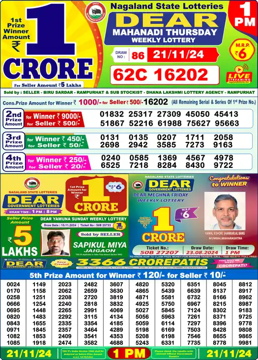 Lottery Sambad 1 PM result 21 Nov 2024
