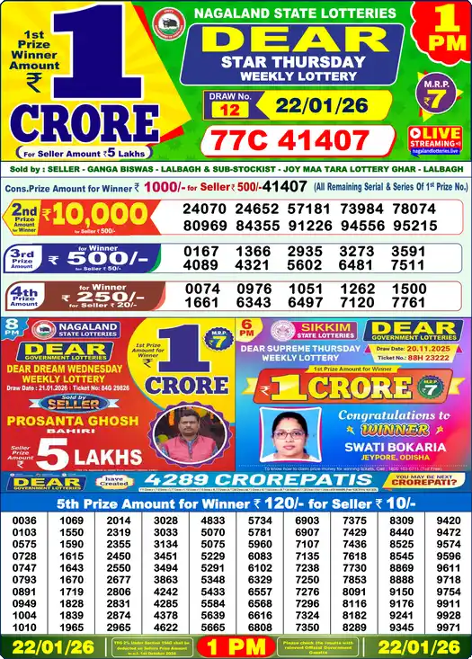 Lottery Sambad 1 PM result 22 Jan 2026