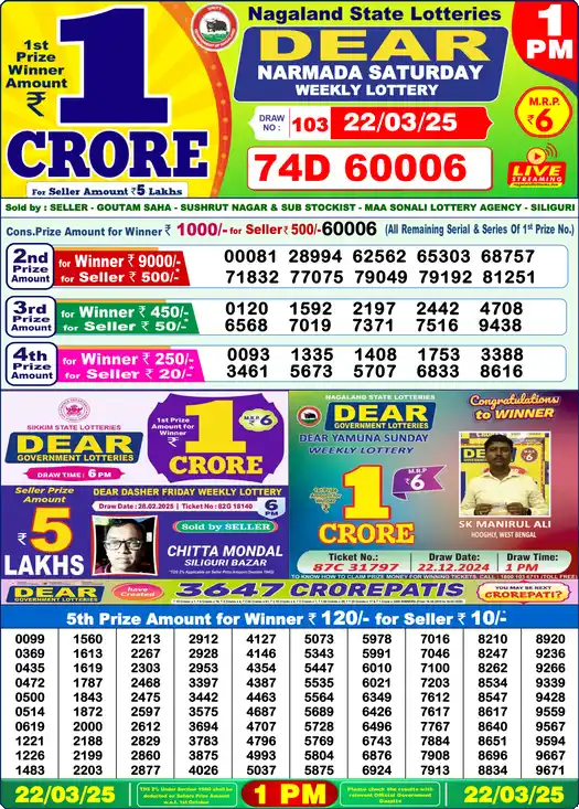Lottery Sambad 1 PM result 22 Mar 2025