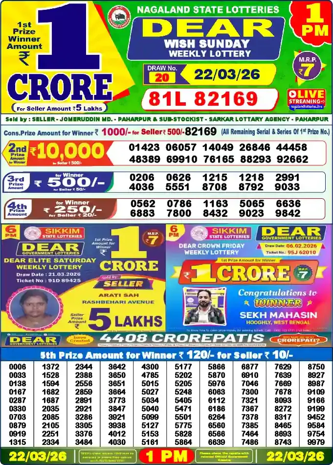 Lottery Sambad 1 PM result 22 Mar 2026