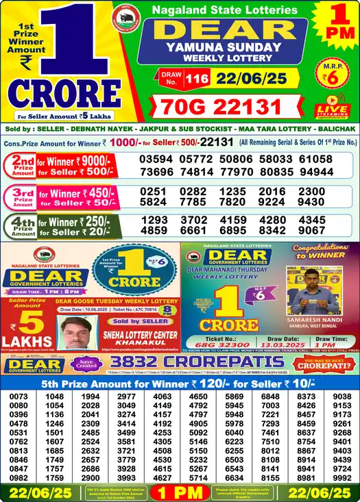 Lottery Sambad 1 PM result 22 Jun 2025