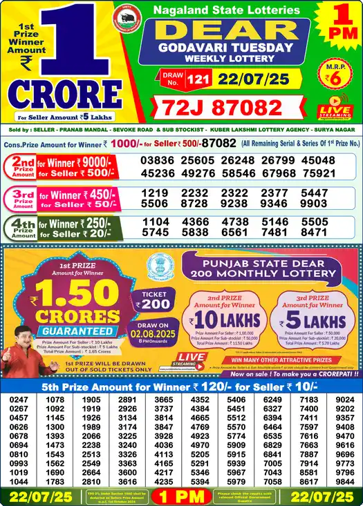 Lottery Sambad 1 PM result 22 Jul 2025