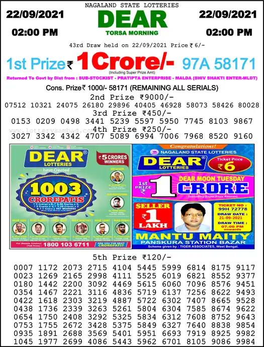Lottery Sambad 1 PM result 22 Sep 2021