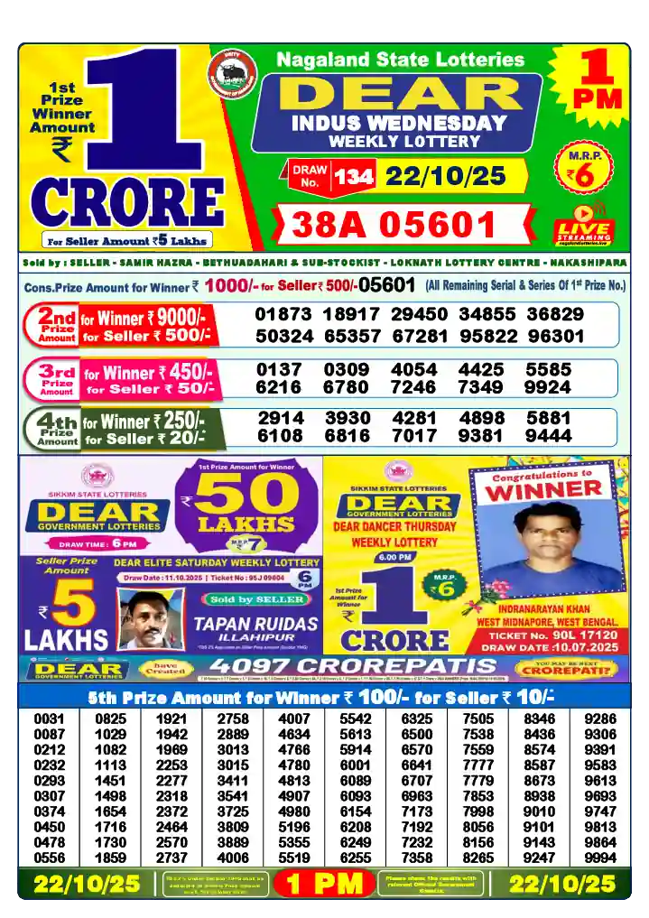 Lottery Sambad 1 PM result 22 Oct 2025