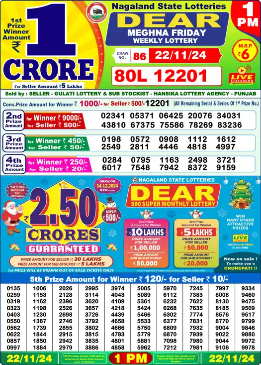 Lottery Sambad 1 PM result 22 Nov 2024