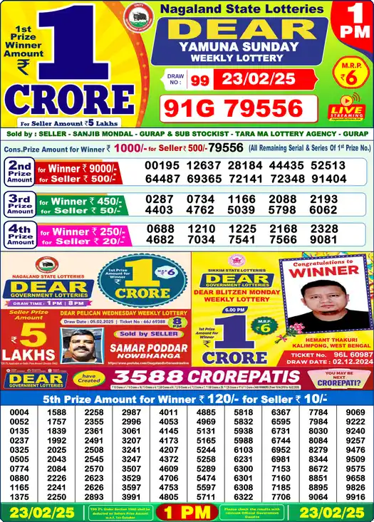 Lottery Sambad 1 PM result 23 Feb 2025