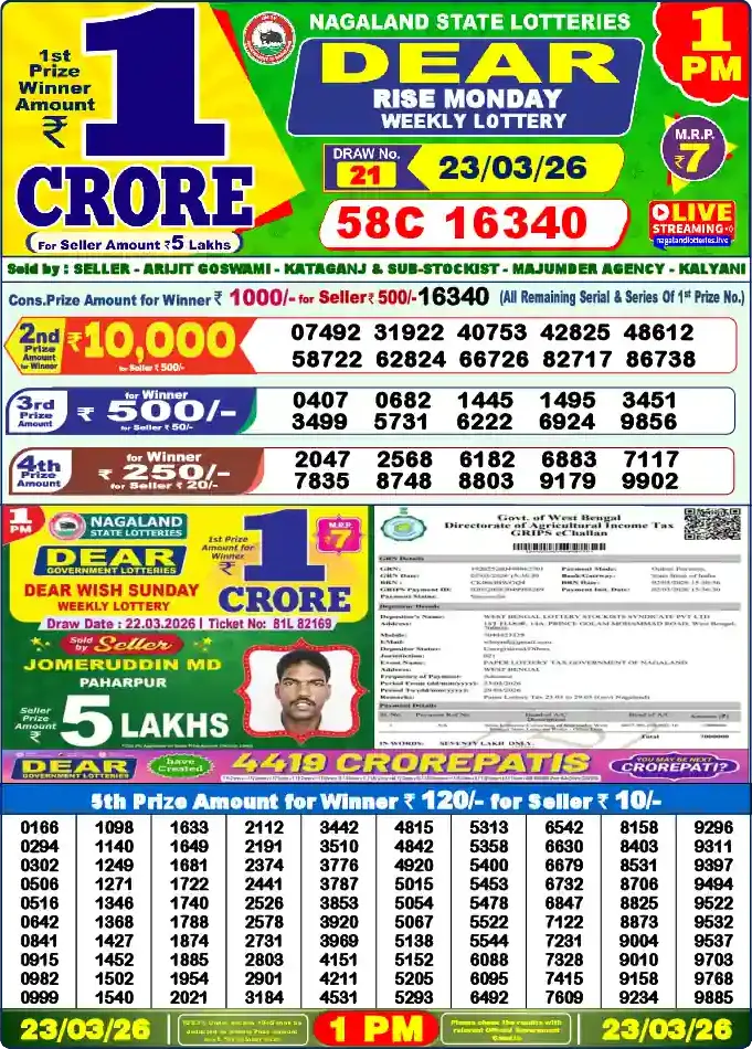 Lottery Sambad 1 PM result 23 Mar 2026
