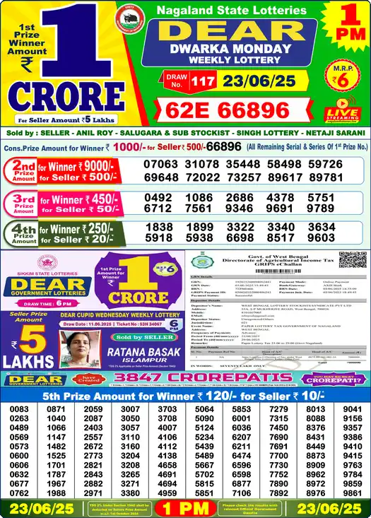 Lottery Sambad 1 PM result 23 Jun 2025