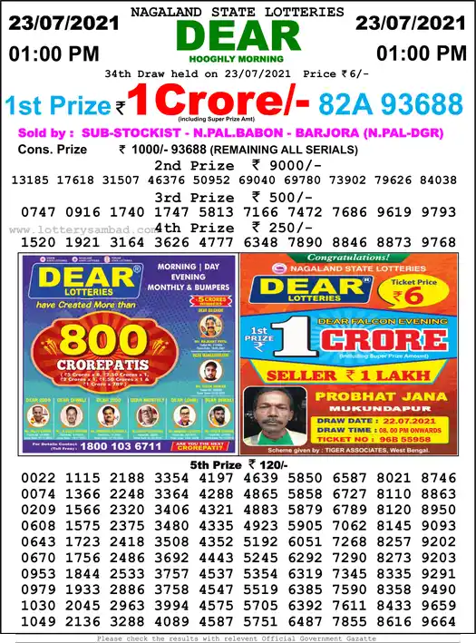 Lottery Sambad 1 PM result 23 Jul 2021