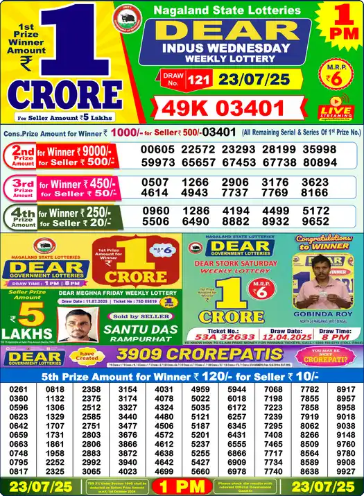 Lottery Sambad 1 PM result 23 Jul 2025
