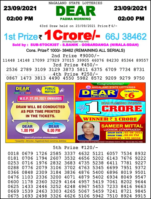 Lottery Sambad 1 PM result 23 Sep 2021