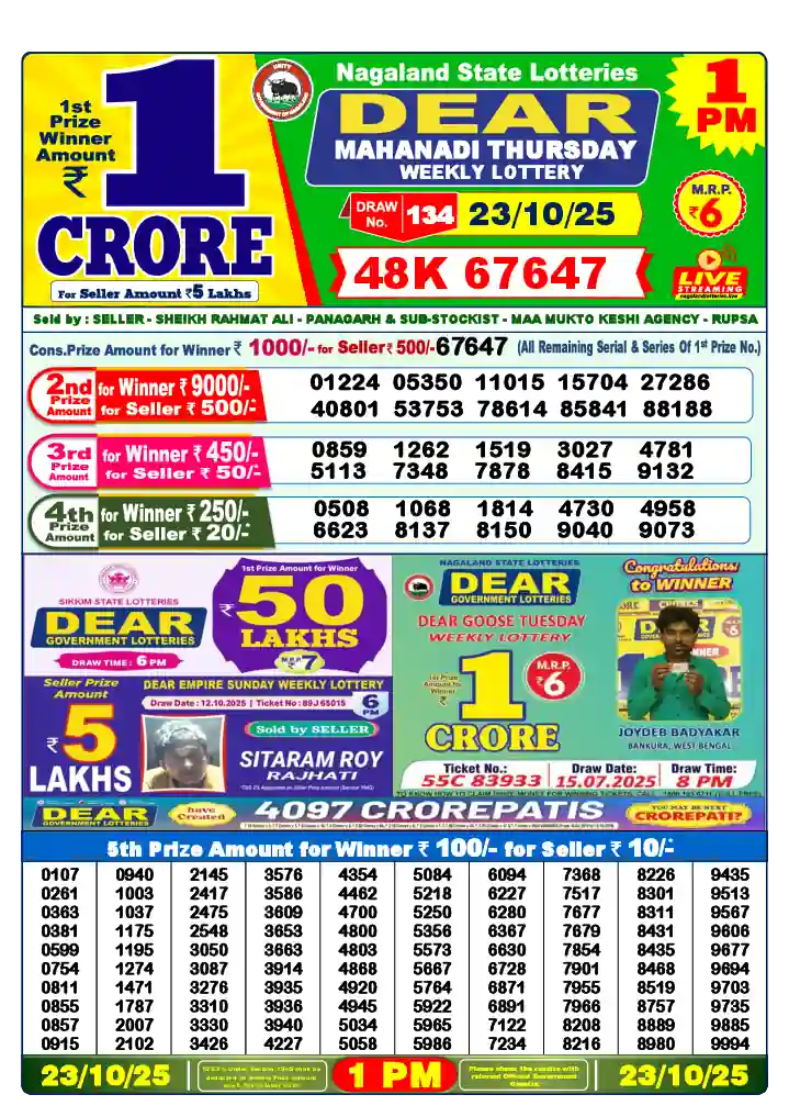 Lottery Sambad 1 PM result 23 Oct 2025