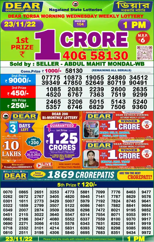Lottery Sambad 1 PM result 23 Nov 2022