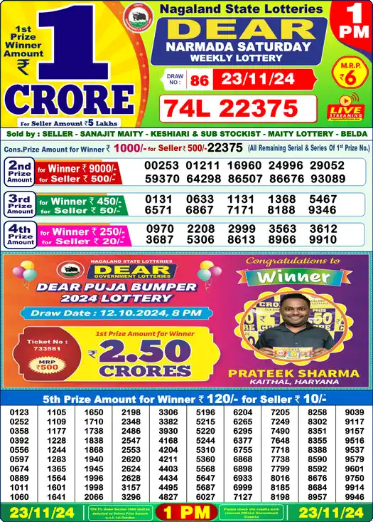 Lottery Sambad 1 PM result 23 Nov 2024