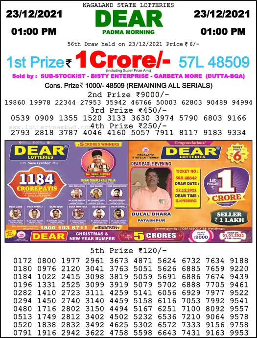 Lottery Sambad 1 PM result 23 Dec 2021