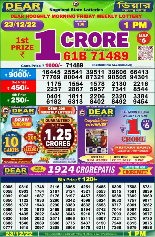Lottery Sambad 1 PM result 23 Dec 2022
