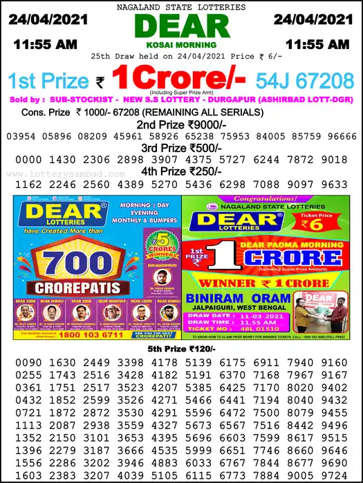 Lottery Sambad 1 PM result 24 Apr 2021