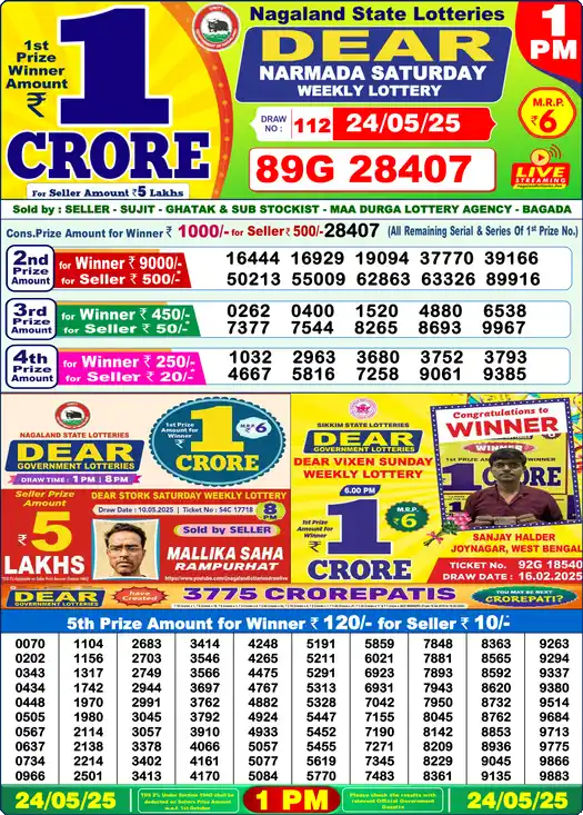 Lottery Sambad 1 PM result 24 May 2025