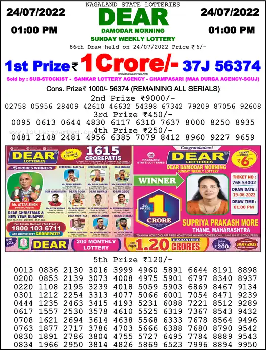 Lottery Sambad 1 PM result 24 Jul 2022