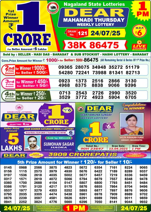 Lottery Sambad 1 PM result 24 Jul 2025