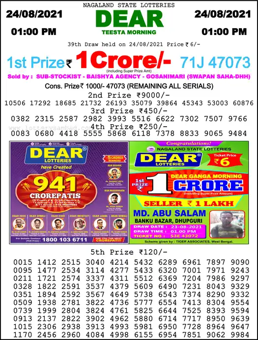 Lottery Sambad 1 PM result 24 Aug 2021