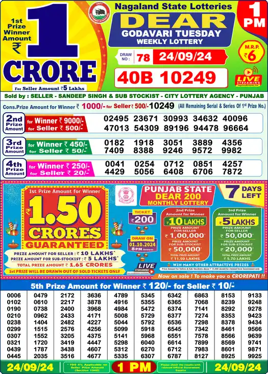 Lottery Sambad 1 PM result 24 Sep 2024