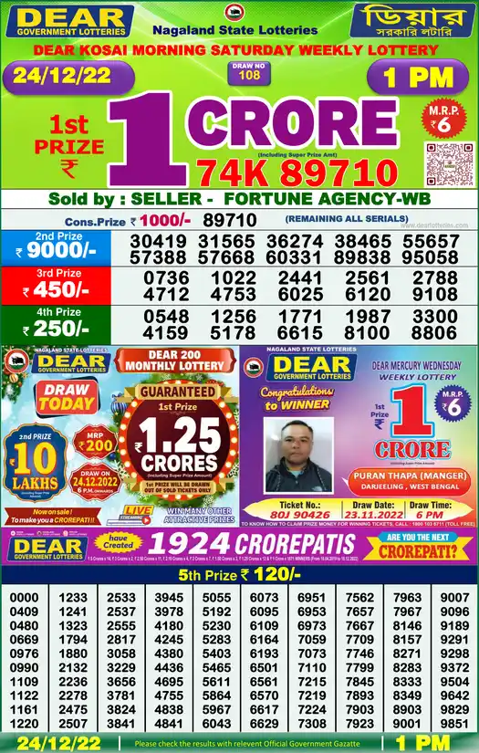 Lottery Sambad 1 PM result 24 Dec 2022