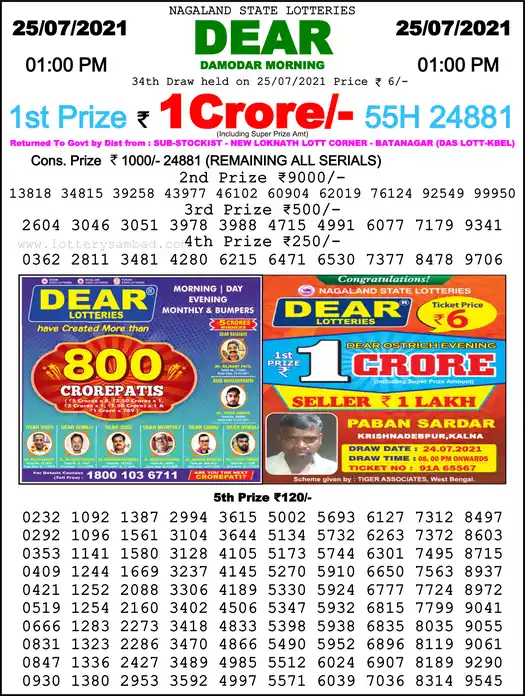 Lottery Sambad 1 PM result 25 Jul 2021