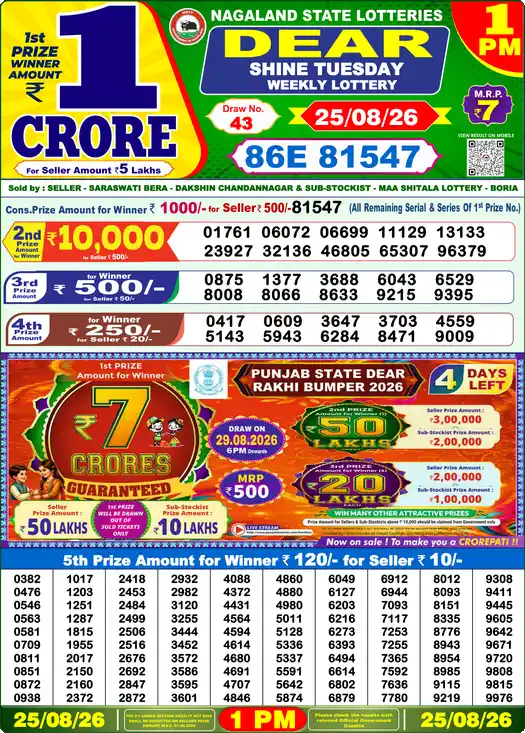 Lottery Sambad Result 1 PM 25 Aug 2026