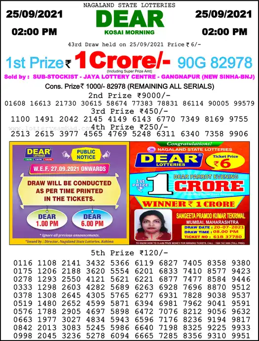 Lottery Sambad 1 PM result 25 Sep 2021