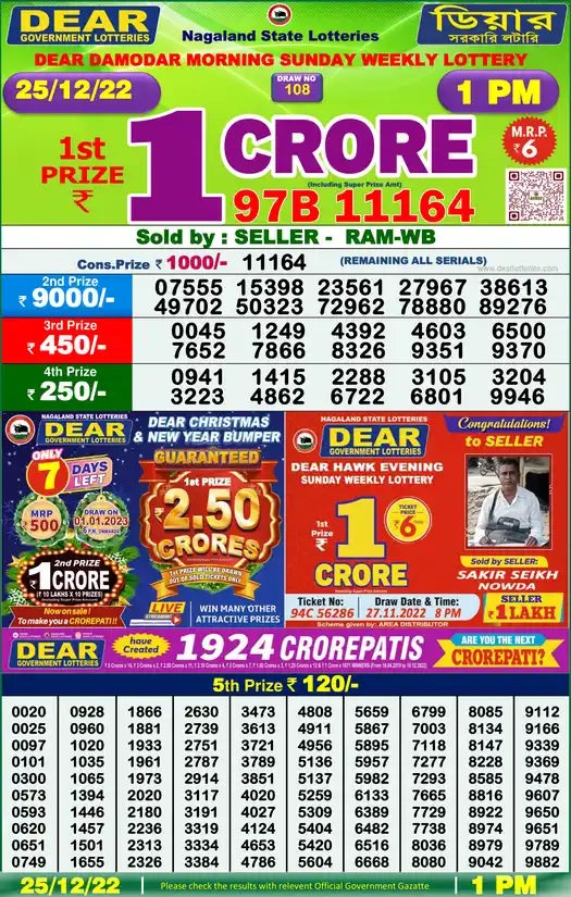 Lottery Sambad 1 PM result 25 Dec 2022