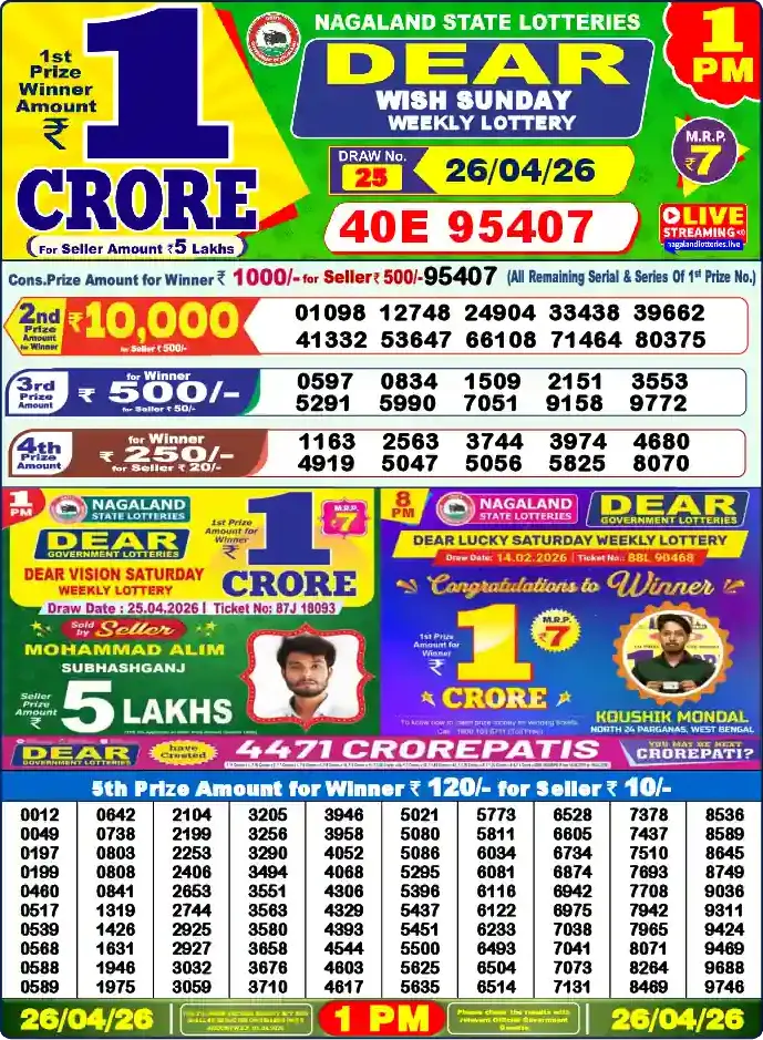 Lottery Sambad 1 PM result 26 Apr 2026