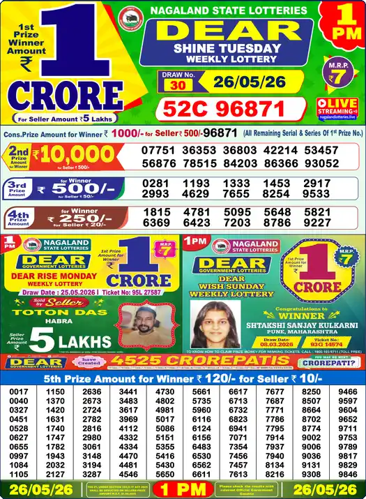 Lottery Sambad 1 PM result 26 May 2026