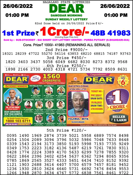 Lottery Sambad 1 PM result 26 Jun 2022