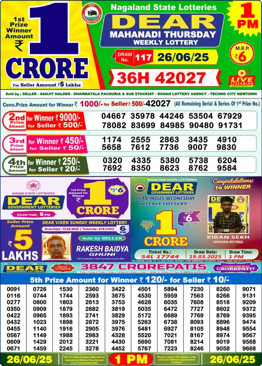 Lottery Sambad 1 PM result 26 Jun 2025