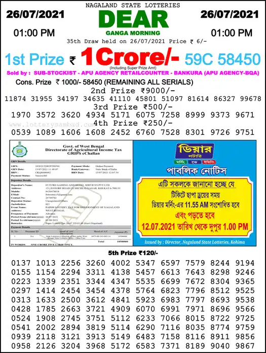 Lottery Sambad 1 PM result 26 Jul 2021
