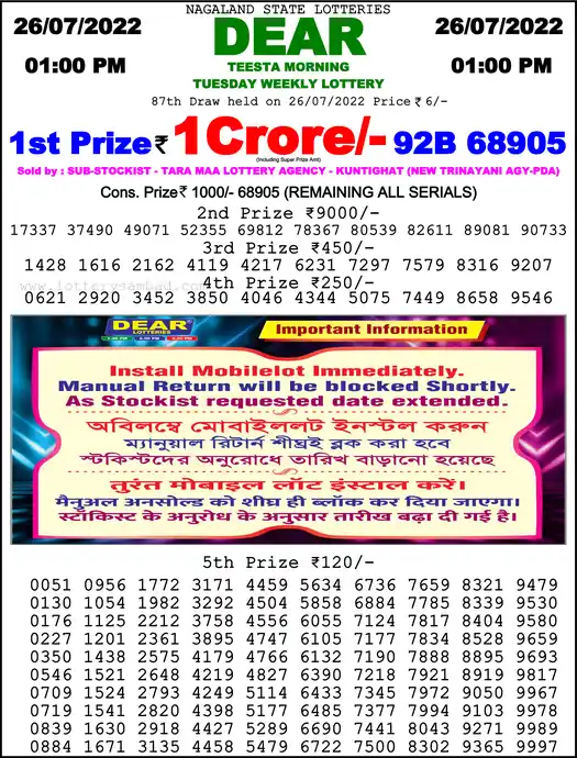 Lottery Sambad 1 PM result 26 Jul 2022
