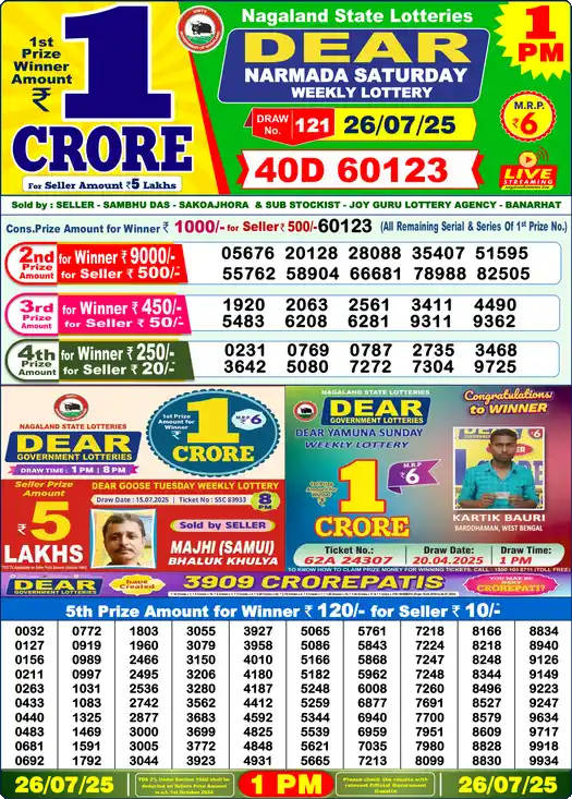 Lottery Sambad 1 PM result 26 Jul 2025