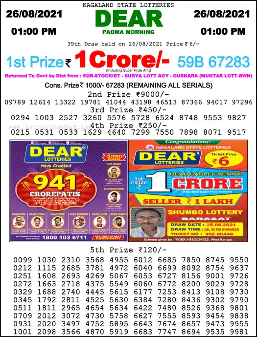 Lottery Sambad 1 PM result 26 Aug 2021