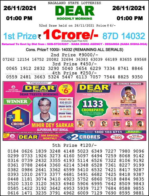 Lottery Sambad 1 PM result 26 Nov 2021