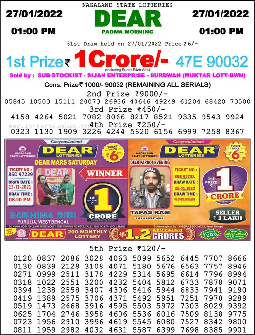 Lottery Sambad 1 PM result 27 Jan 2022