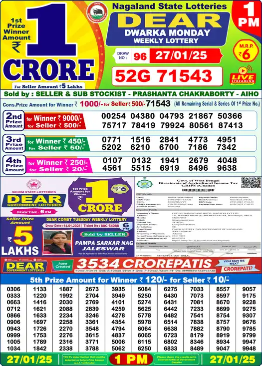 Lottery Sambad 1 PM result 27 Jan 2025