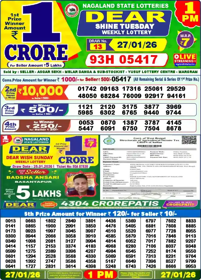Lottery Sambad 1 PM result 27 Jan 2026