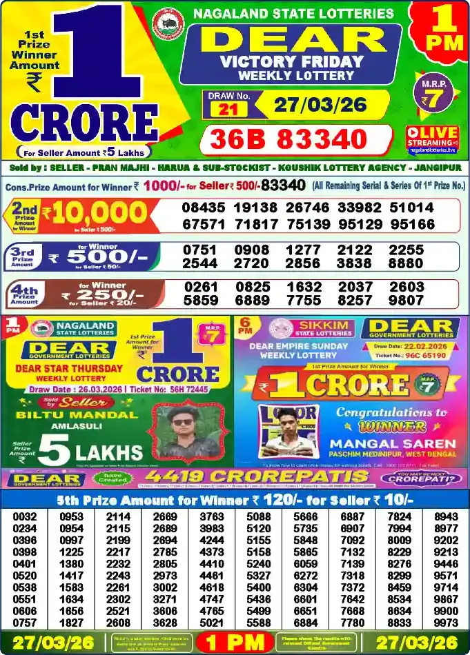 Lottery Sambad 1 PM result 27 Mar 2026