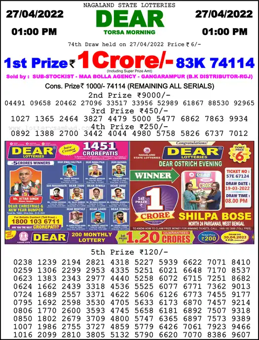 Lottery Sambad 1 PM result 27 Apr 2022